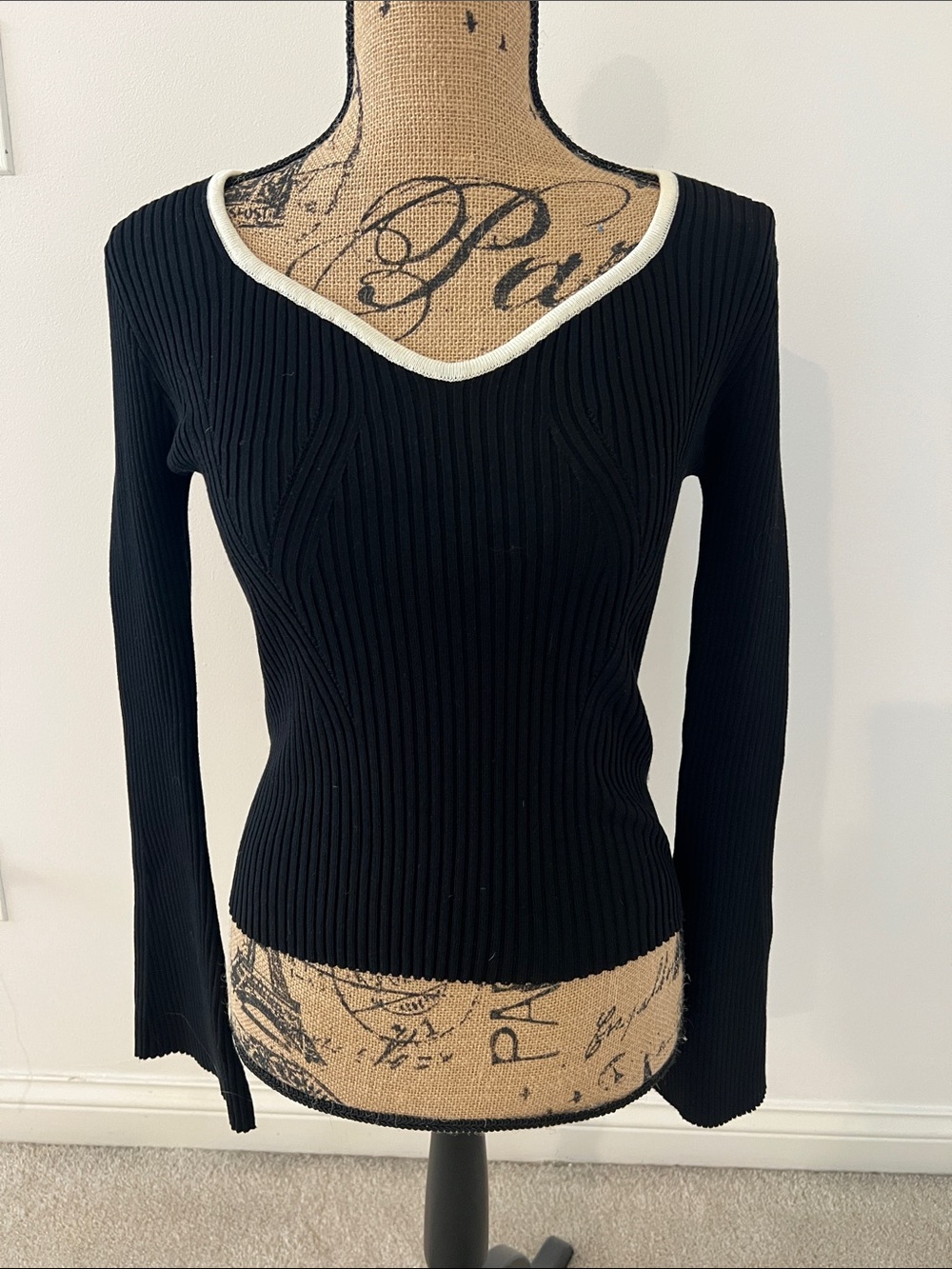 Black V-Neck Rib Knit Sweater with White Trim